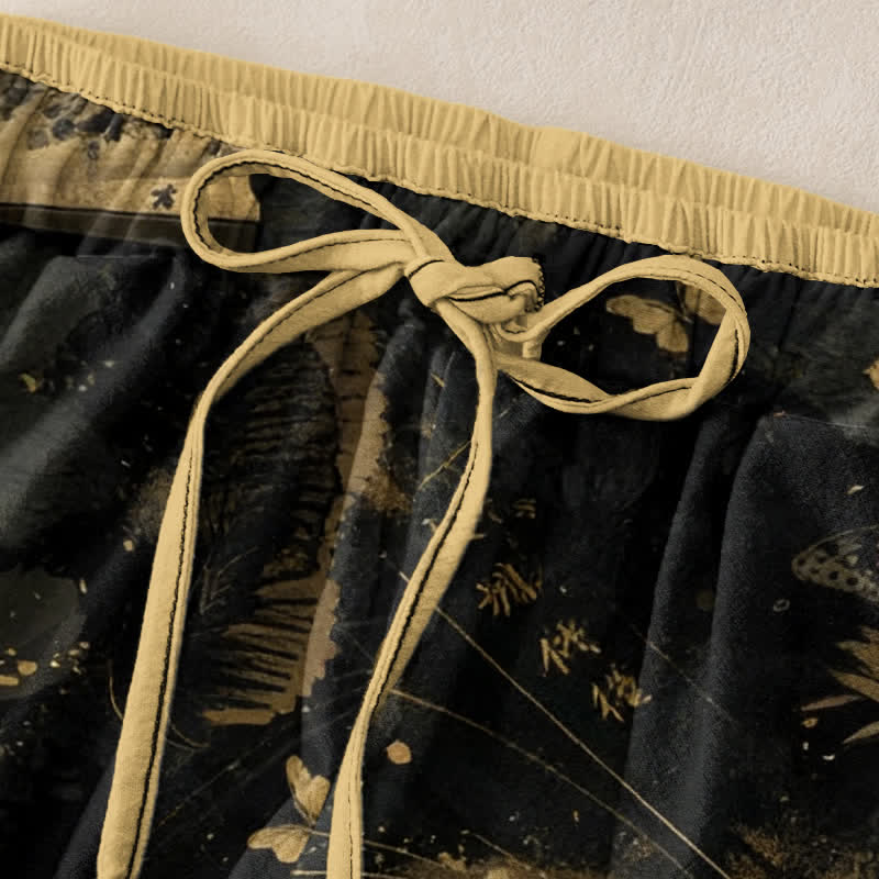 Buddha Stones Gold Foil Butterfly Fan Floral Pattern Women's Elastic Waist Pants With Pockets - image 1