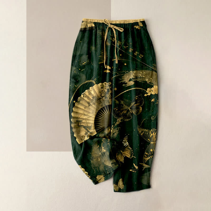 Buddha Stones Gold Foil Butterfly Fan Floral Pattern Women's Elastic Waist Pants With Pockets - DarkGreen - US16，UK/AU20，EU48 (3XL) - image 5