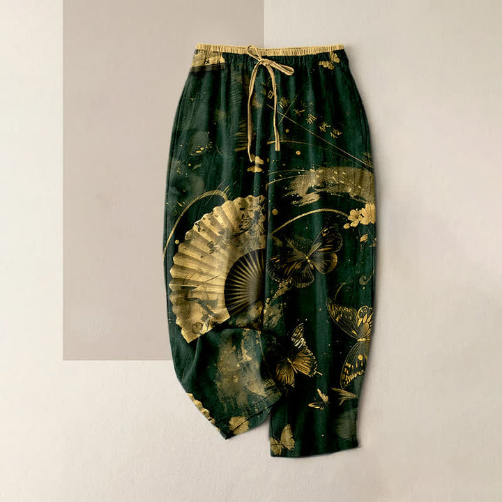 Buddha Stones Gold Foil Butterfly Fan Floral Pattern Women's Elastic Waist Pants With Pockets - DarkGreen - US16，UK/AU20，EU48 (3XL) - image 5