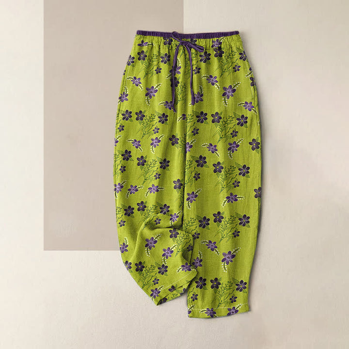 Buddha Stones Pure Cotton Purple Floral Leaf Pattern Women's Elastic Waist Pants With Pockets - YellowGreen - US16，UK/AU20，EU48 (3XL) - image 0