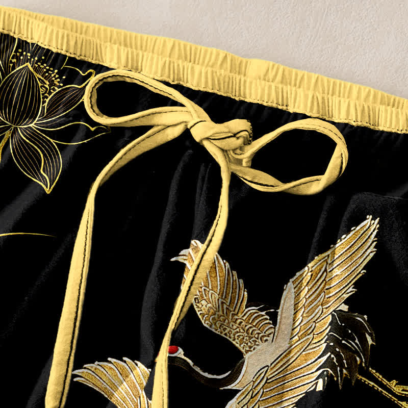 Buddha Stones Pure Cotton Crane Lotus Pattern Women's Elastic Waist Pants With Pockets - image 1