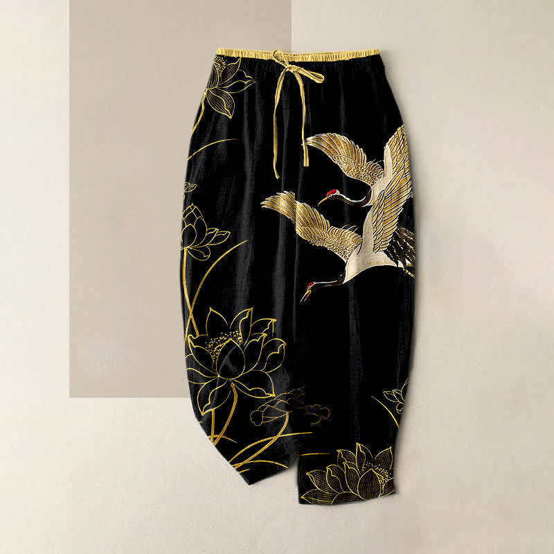 Buddha Stones Pure Cotton Crane Lotus Pattern Women's Elastic Waist Pants With Pockets - Black - US16，UK/AU20，EU48 (3XL) - image 0