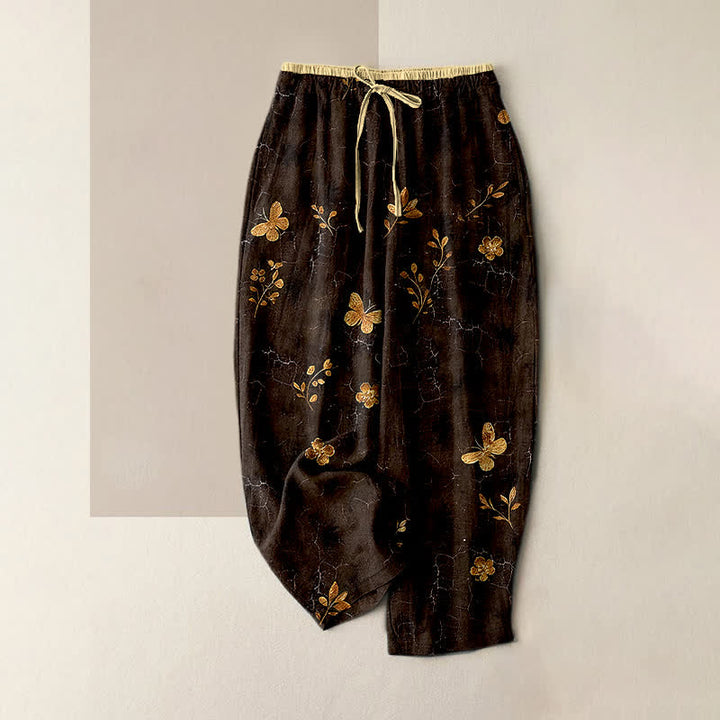 Buddha Stones Pure Cotton Gold Butterfly Floral Pattern Women's Elastic Waist Pants With Pockets - SaddleBrown - US16，UK/AU20，EU48 (3XL) - image 4