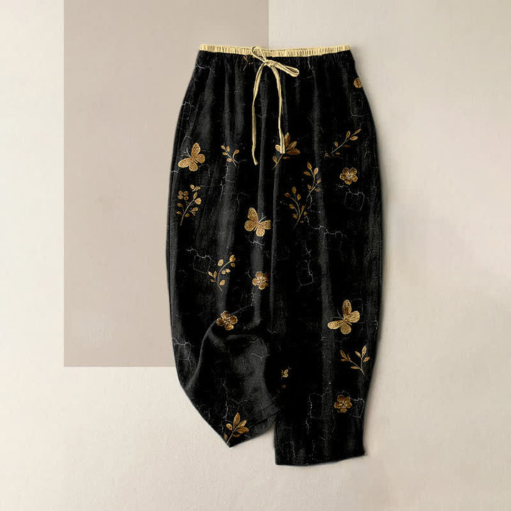 Buddha Stones Pure Cotton Gold Butterfly Floral Pattern Women's Elastic Waist Pants With Pockets - Black - US16，UK/AU20，EU48 (3XL) - image 5