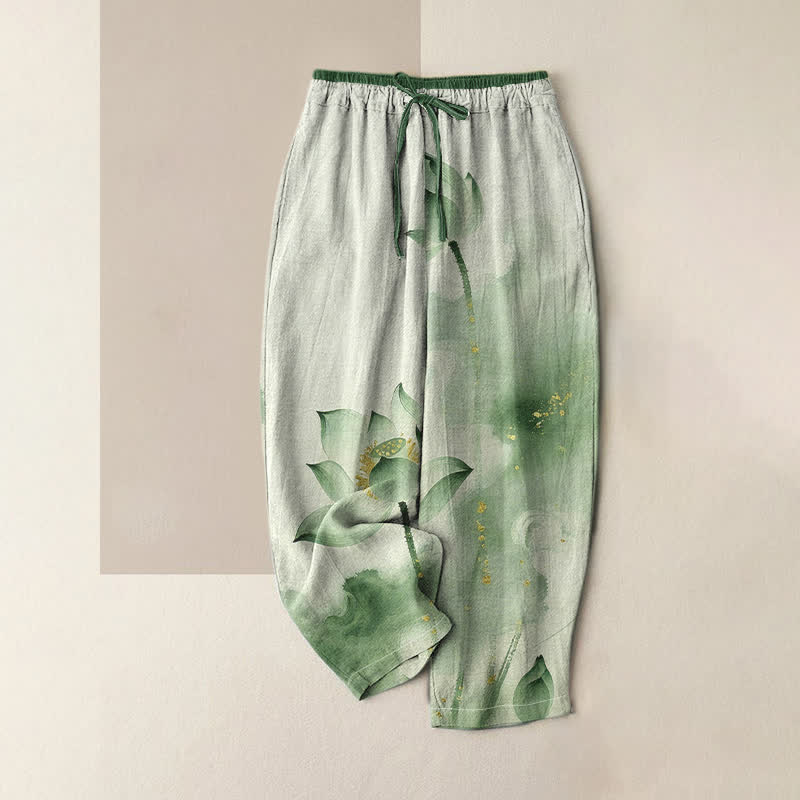 Buddha Stones Pure Cotton Lotus Gold Fleck Pattern Women's Elastic Waist Pants With Pockets - DarkSeaGreen - US16，UK/AU20，EU48 (3XL) - image 0