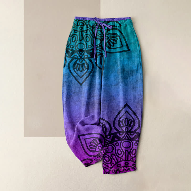 Buddha Stones Pure Cotton Gradient Mandala Pattern Women's Elastic Waist Pants With Pockets - BlueViolet - US16，UK/AU20，EU48 (3XL) - image 0