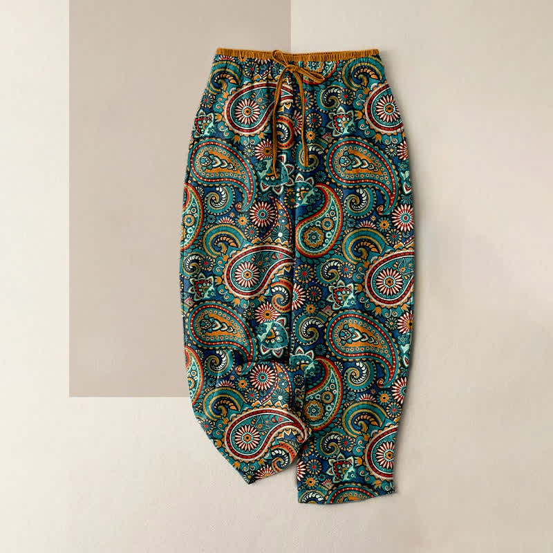 Buddha Stones Pure Cotton Paisley Floral Print Women's Elastic Waist Pants With Pockets - Teal - US16，UK/AU20，EU48 (3XL) - image 0