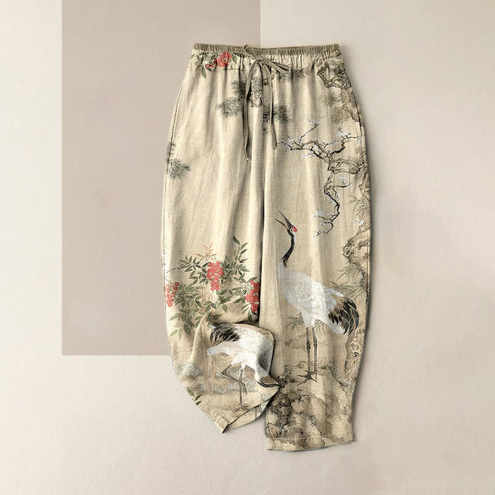 Buddha Stones Pure Cotton Crane Pine Pattern Women's Elastic Waist Pants With Pockets - Beige - US16，UK/AU20，EU48 (3XL) - image 3