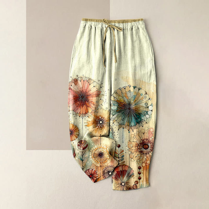 Buddha Stones Pure Cotton Watercolor Mandala Floral Pattern Women's Elastic Waist Pants With Pockets - LightYellow - US16，UK/AU20，EU48 (3XL) - image 0