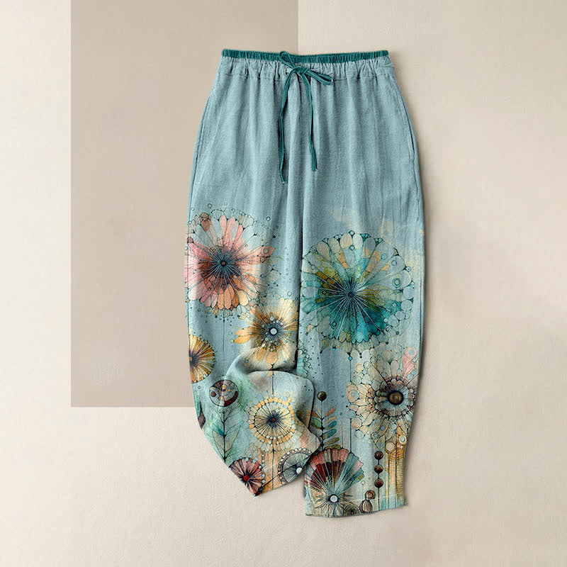 Buddha Stones Pure Cotton Watercolor Mandala Floral Pattern Women's Elastic Waist Pants With Pockets - LightBlue - US16，UK/AU20，EU48 (3XL) - image 3