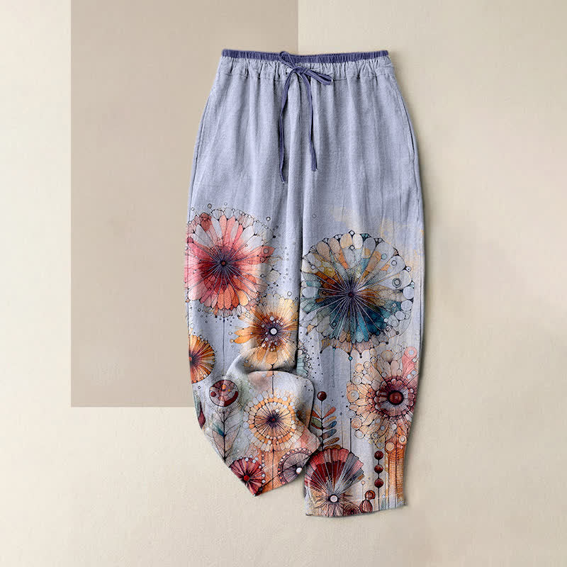 Buddha Stones Pure Cotton Watercolor Mandala Floral Pattern Women's Elastic Waist Pants With Pockets - Lavender - US16，UK/AU20，EU48 (3XL) - image 4