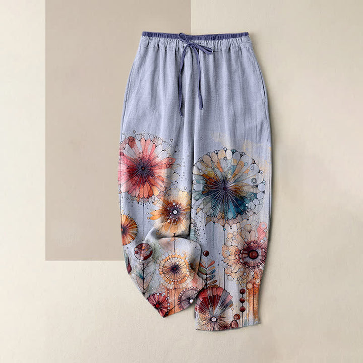 Buddha Stones Pure Cotton Watercolor Mandala Floral Pattern Women's Elastic Waist Pants With Pockets - Lavender - US16，UK/AU20，EU48 (3XL) - image 4