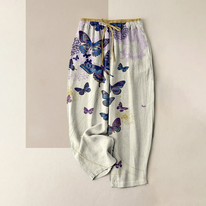 Buddha Stones Pure Cotton Bohemian Butterfly Floral Pattern Women's Elastic Waist Pants With Pockets - Ivory - US16，UK/AU20，EU48 (3XL) - image 4