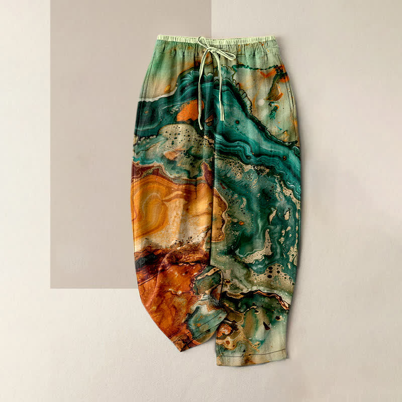 Buddha Stones Cotton Marble Wave Pattern Women's Elastic Waist Pants With Pockets - DarkSeaGreen - US16，UK/AU20，EU48 (3XL) - image 0