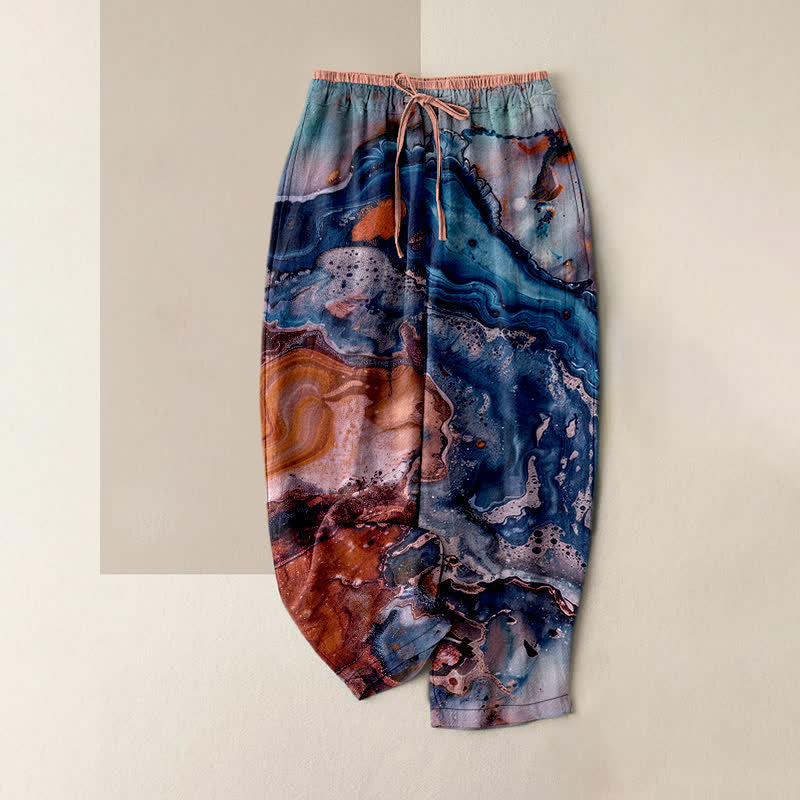 Buddha Stones Cotton Marble Wave Pattern Women's Elastic Waist Pants With Pockets - SteelBlue - US16，UK/AU20，EU48 (3XL) - image 4