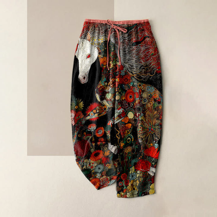 Buddha Stones Pure Cotton Bohemian Floral Horse Pattern Women's Elastic Waist Pants With Pockets - Black - US16，UK/AU20，EU48 (3XL) - image 0