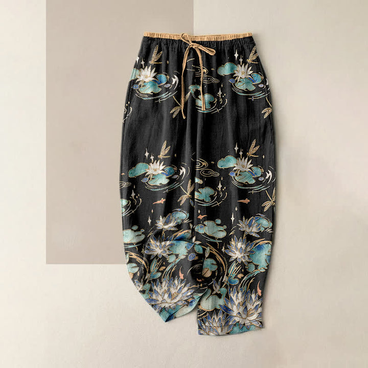 Buddha Stones Pure Cotton Lotus Wave Pattern Women's Elastic Waist Pants With Pockets - Black - US16，UK/AU20，EU48 (3XL) - image 5