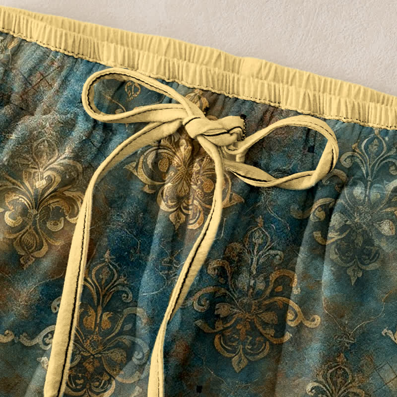 Buddha Stones Vintage Damask Print Women's Elastic Waist Pants With Pockets - image 1