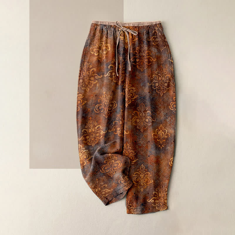 Buddha Stones Vintage Damask Print Women's Elastic Waist Pants With Pockets - Sienna - US16，UK/AU20，EU48 (3XL) - image 5
