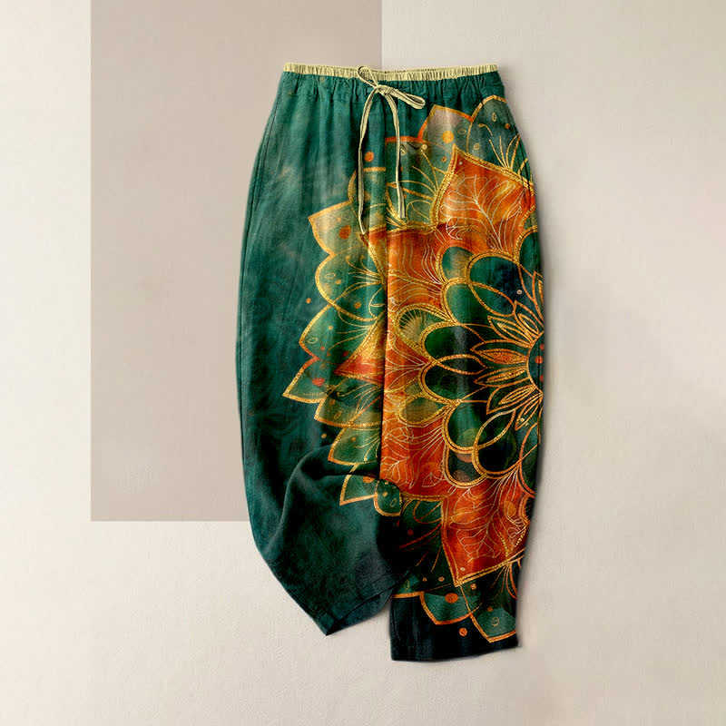 Buddha Stones Pure Cotton Gold Mandala Pattern Women's Elastic Waist Pants With Pockets - SeaGreen - US16，UK/AU20，EU48 (3XL) - image 0