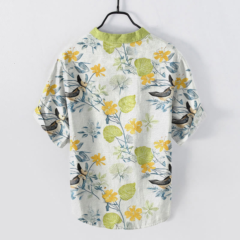 Buddha Stones Cotton Tropical Floral Bird Pattern Men's Short Sleeve Half Button Shirt - image 4