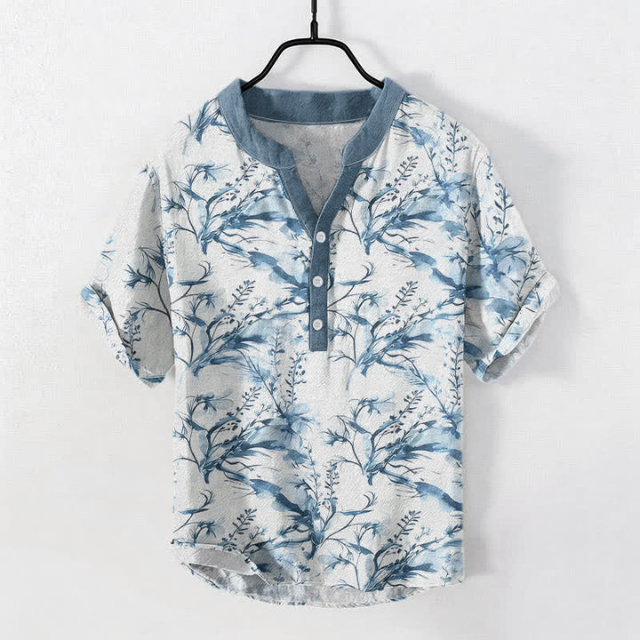 Buddha Stones Pure Cotton Lavender Sprig Pattern Men's Short Sleeve Half Button Shirt - image 5