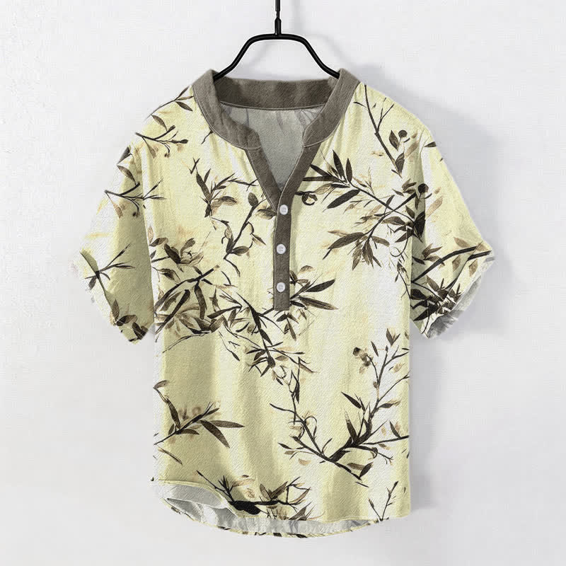 Buddha Stones Cotton Bamboo Ink Pattern Men's Short Sleeve Half Button Shirt - LightYellow - US/UK/AU50，EU60 (5XL) - image 3