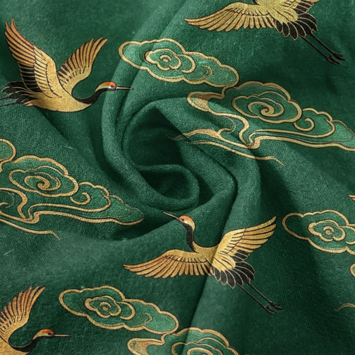 Buddha Stones Cotton Golden Crane Auspicious Clouds Pattern Men's Short Sleeve Half Button Shirt - image 4