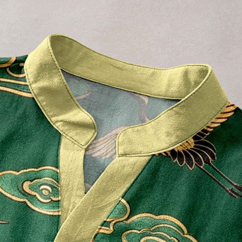 Buddha Stones Cotton Golden Crane Auspicious Clouds Pattern Men's Short Sleeve Half Button Shirt - image 2