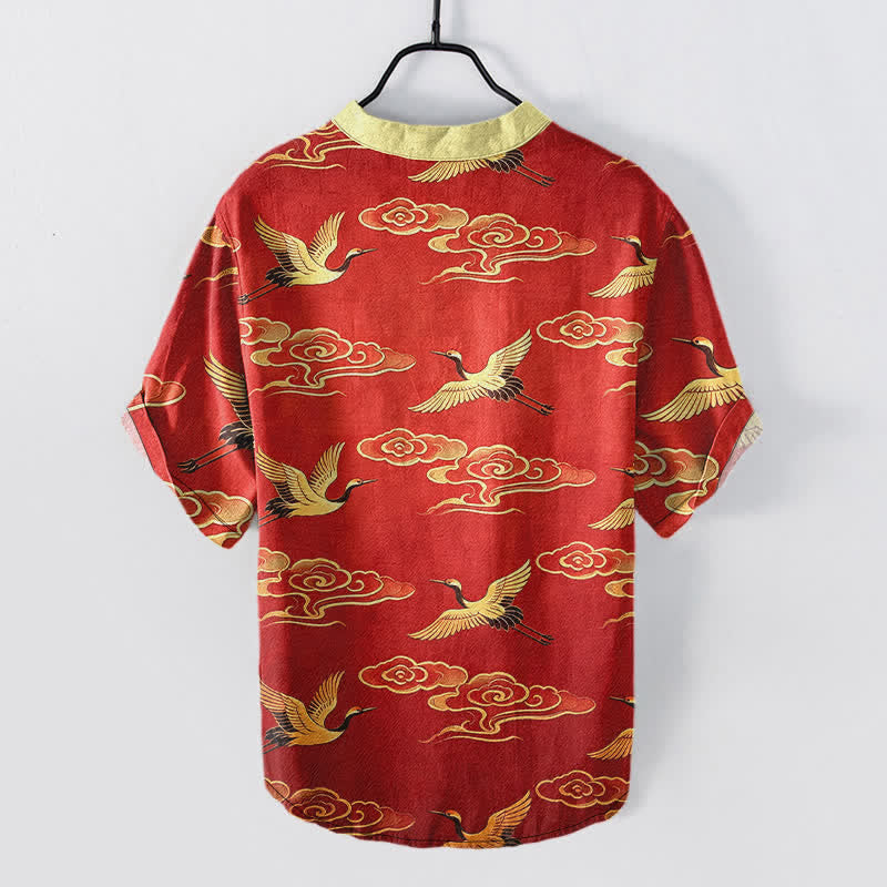 Buddha Stones Cotton Golden Crane Auspicious Clouds Pattern Men's Short Sleeve Half Button Shirt - image 6