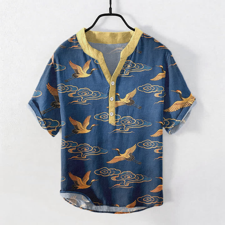 Buddha Stones Cotton Golden Crane Auspicious Clouds Pattern Men's Short Sleeve Half Button Shirt - SteelBlue - US/UK/AU50，EU60 (5XL) - image 7