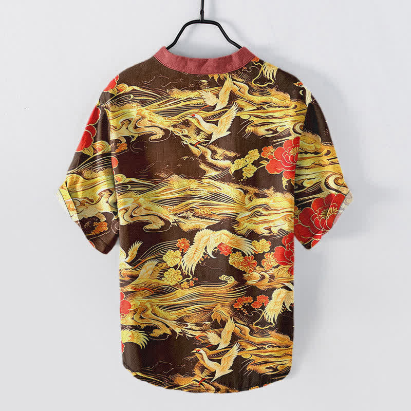 Buddha Stones Cotton Vintage White Crane Peony Pattern Men's Short Sleeve Half Button Shirt - image 6