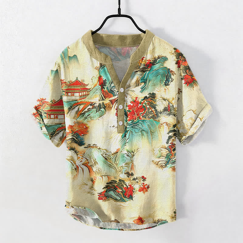 Buddha Stones Cotton Oriental Landscape Pagodas Mountains Pattern Men's Short Sleeve Half Button Shirt - Linen - US/UK/AU50，EU60 (5XL) - image 0