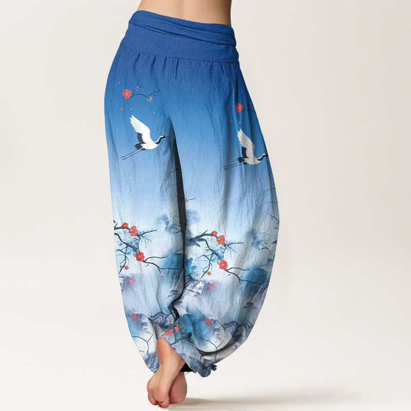 Buddha Stones Pure Cotton Blue Ombre Crane Blossom Pattern Women's Elastic Waist Harem Pants - image 1