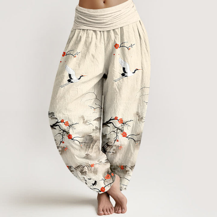 Buddha Stones Pure Cotton Blue Ombre Crane Blossom Pattern Women's Elastic Waist Harem Pants - Linen - US16，UK/AU20，EU48 (3XL) - image 8