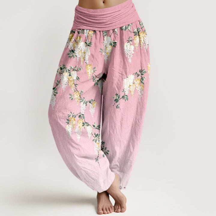 Buddha Stones Pure Cotton White Yellow Blossom Cluster Pattern Women's Elastic Waist Harem Pants - LightPink - US16，UK/AU20，EU48 (3XL) - image 5