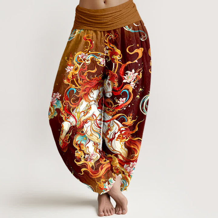 Buddha Stones Pure Cotton Mythical Phoenix Flame Pattern Women's Elastic Waist Harem Pants - Maroon - US16，UK/AU20，EU48 (3XL) - image 8