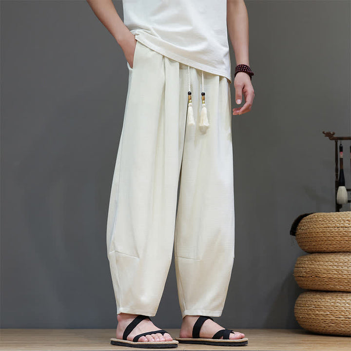 Buddha Stones Summer Drawstring Solid Men's Elastic Waist Harem Pants With Pockets - Ivory - US/UK/AU46，EU56 (5XL) - image 10