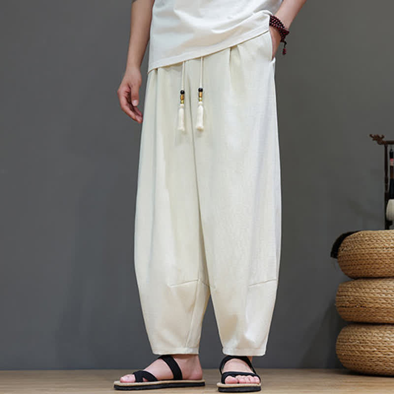 Buddha Stones Summer Drawstring Solid Men's Elastic Waist Harem Pants With Pockets - image 14