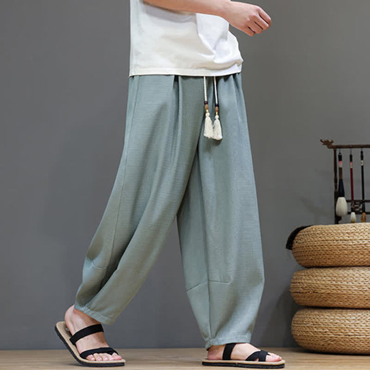 Buddha Stones Summer Drawstring Solid Men's Elastic Waist Harem Pants With Pockets - image 3