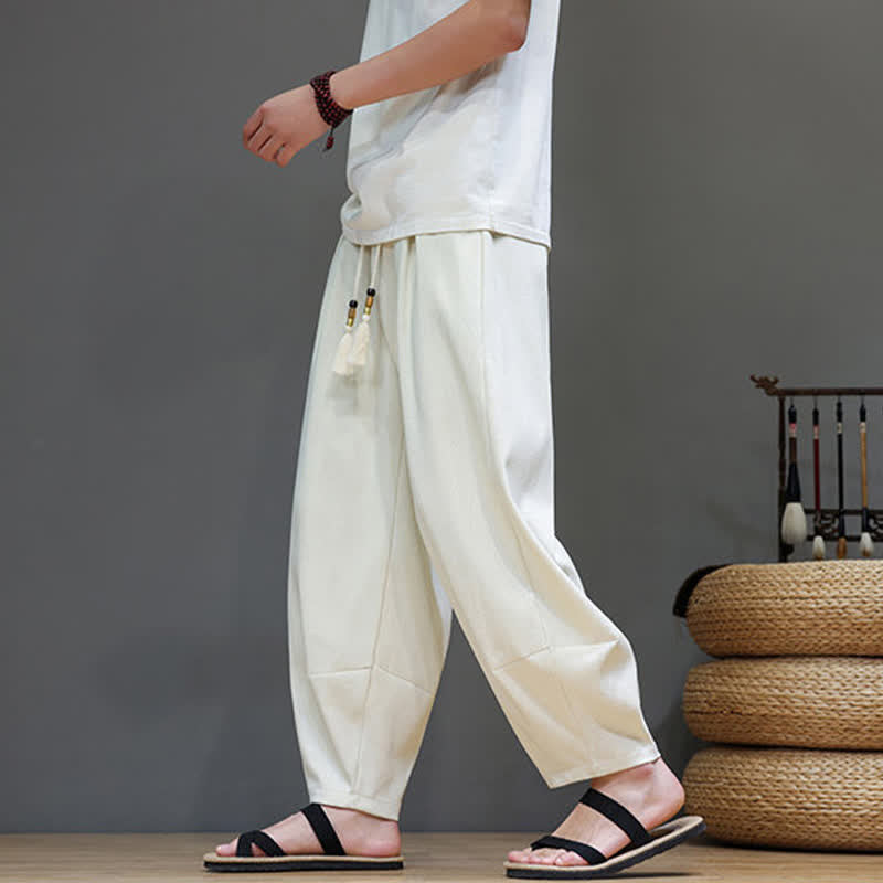 Buddha Stones Summer Drawstring Solid Men's Elastic Waist Harem Pants With Pockets - image 15