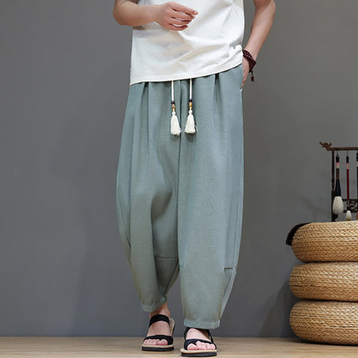 Buddha Stones Summer Drawstring Solid Men's Elastic Waist Harem Pants With Pockets - image 5