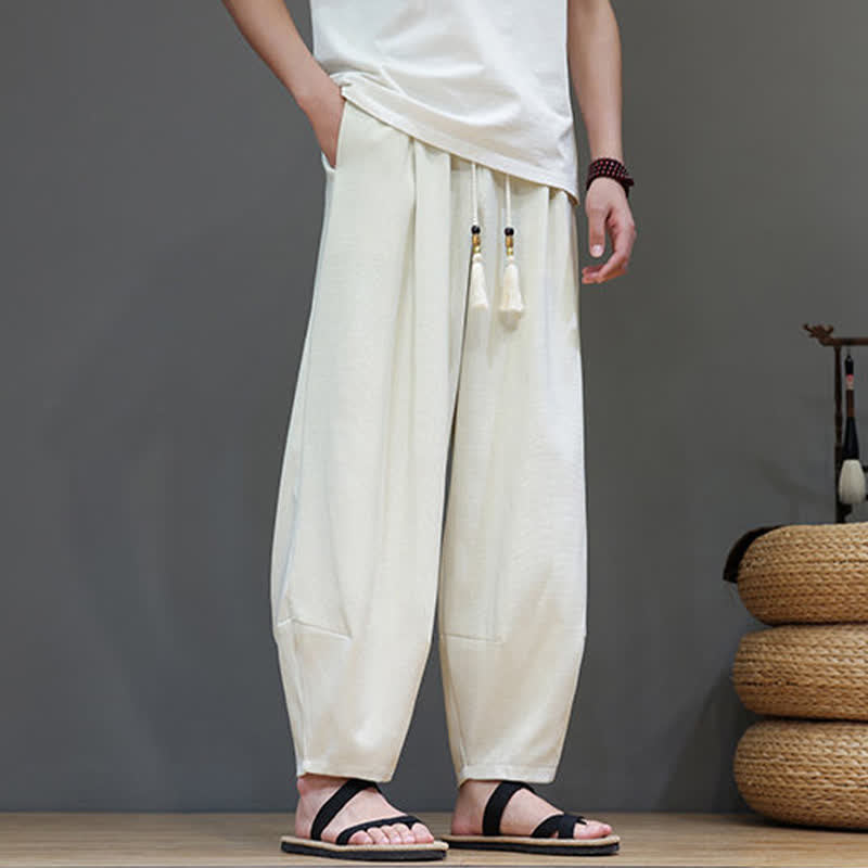 Buddha Stones Summer Drawstring Solid Men's Elastic Waist Harem Pants With Pockets - image 13