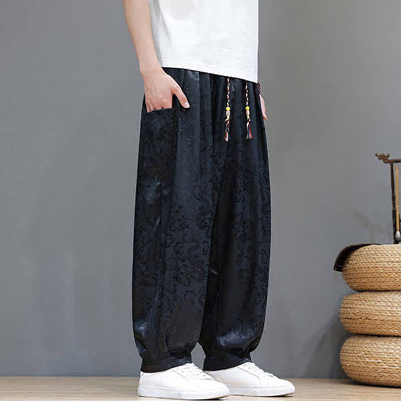 Buddha Stones Summer Drawstring Cloud Pattern Solid Elastic Waist Men's Harem Pants With Pockets - image 6