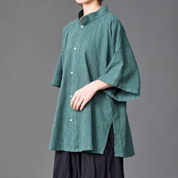 Buddha Stones Summer Minimalist Mandarin Collar Button-Up Solid Men's Three-Quarter Sleeve Shirts - image 8