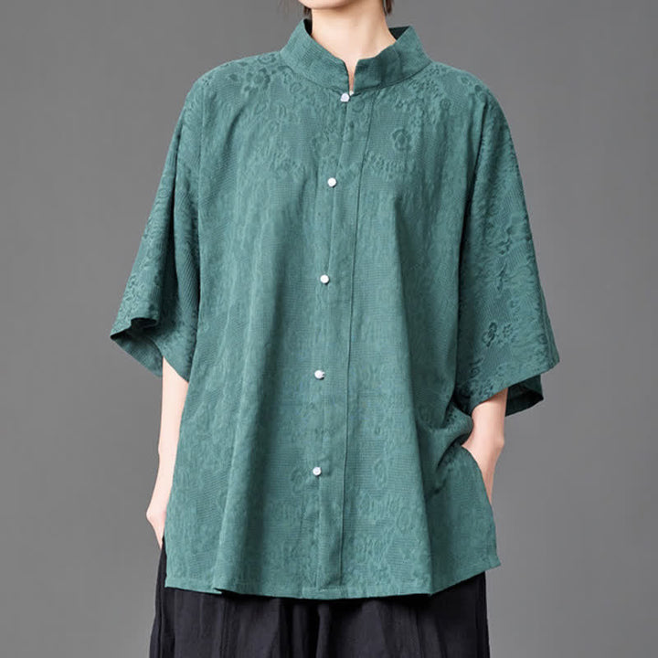 Buddha Stones Summer Minimalist Mandarin Collar Button-Up Solid Men's Three-Quarter Sleeve Shirts - CadetBlue - US/UK/AU46，EU56 (5XL) - image 6