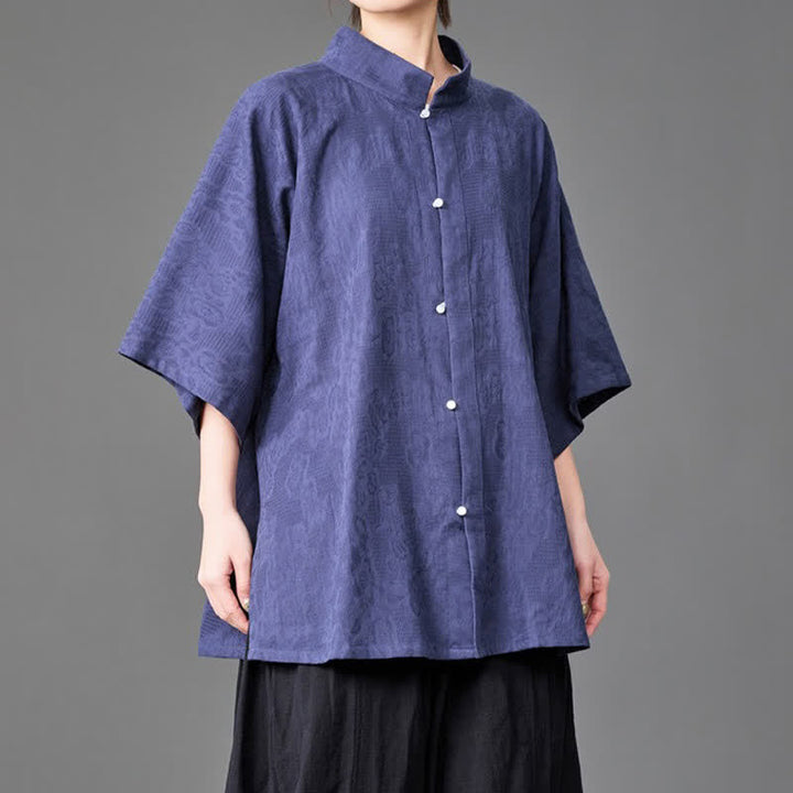 Buddha Stones Summer Minimalist Mandarin Collar Button-Up Solid Men's Three-Quarter Sleeve Shirts - image 1