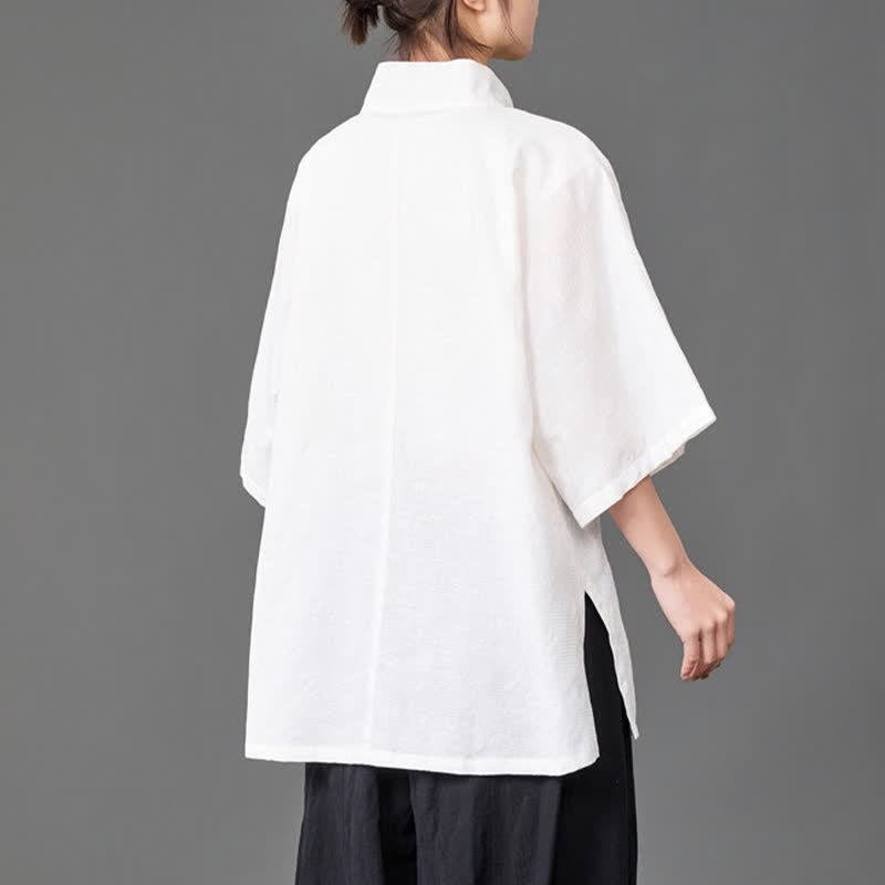 Buddha Stones Summer Minimalist Mandarin Collar Button-Up Solid Men's Three-Quarter Sleeve Shirts - image 12