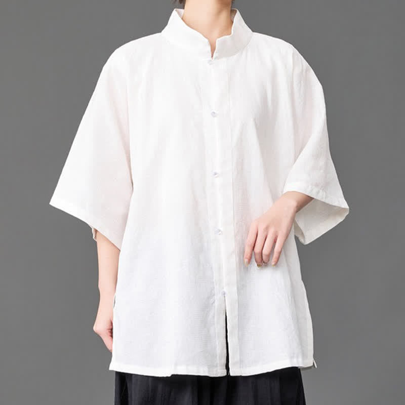 Buddha Stones Summer Minimalist Mandarin Collar Button-Up Solid Men's Three-Quarter Sleeve Shirts - image 15