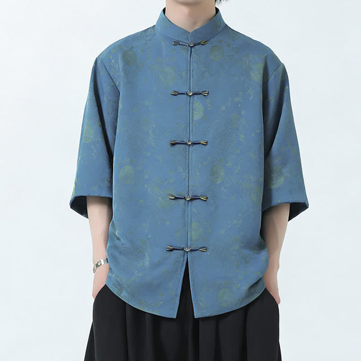 Buddha Stones Summer Tang Style Mandarin Collar Frog Button Side Slit Solid Men's Elbow-Length Sleeve Shirts - image 1